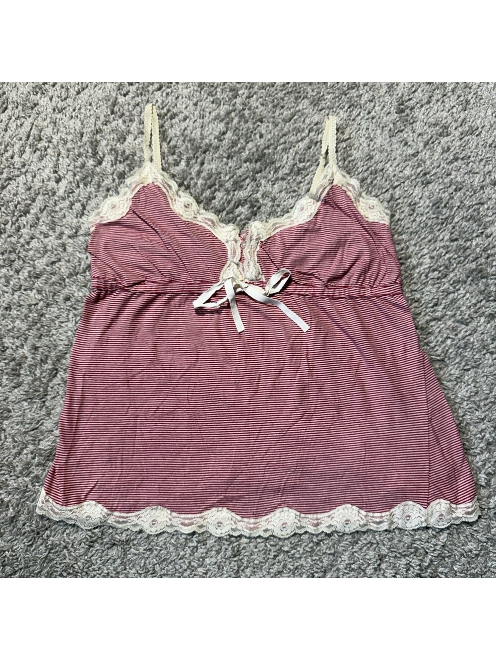 Y2K Babydoll Tank Top Love Rocks Red White Stripe Lace Trim Pointelle Cami Sz M